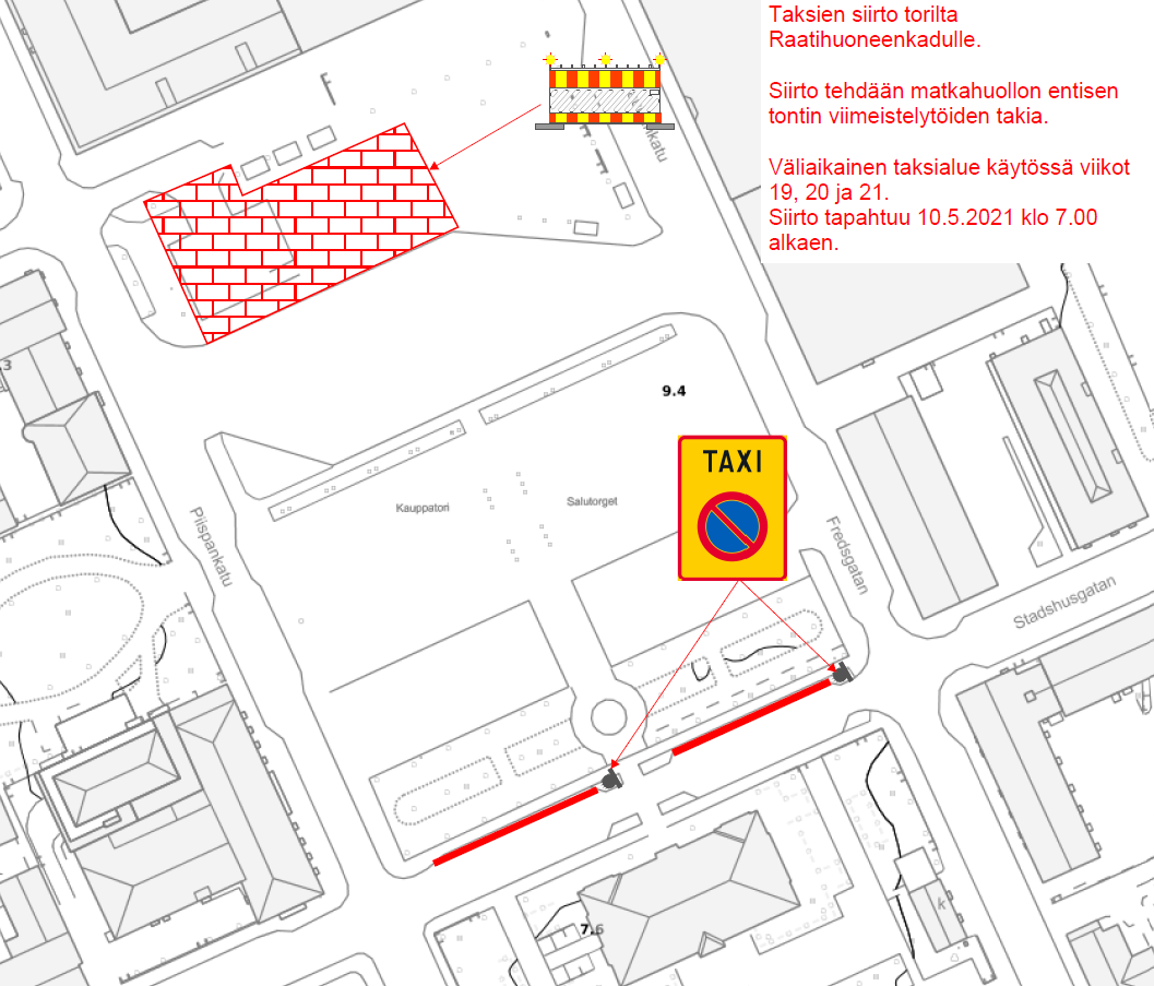 Toukokuun 2021 ajaksi taksit Porvoossa torilta Raatihuoneenkadulle